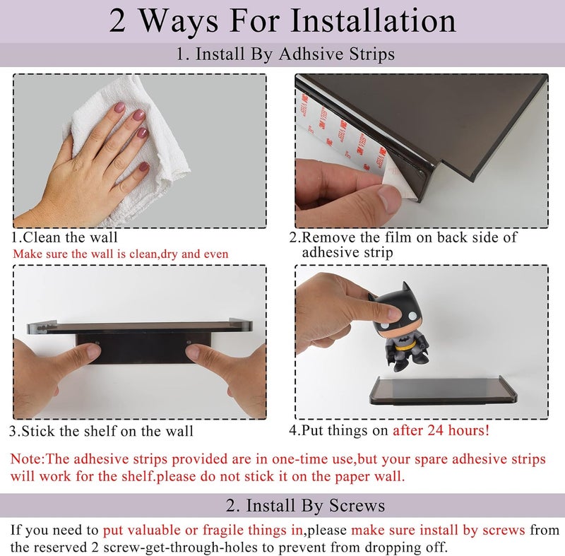 MATIMASU Stick-on Wall Shelf - Small Wall Mounted Adhesive Clear Acrylic Shelf Phone Holder Shelves Wipes Rack for Bathroom,Kitchen,Toilet,Office - Black - Image 3